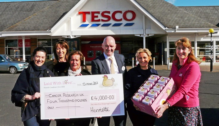 Cancer Research UK Cumbrian representatives (Liz Tinkler, Helen Stobart and Edwina Sorkin) receive the £4,000 donation from Tesco Rosehill Store team Phil Pearson (Manager) and Kelly Crombie, with Helen Brass – Company Secretary of The Lakes Free Range Egg Co who produce the Laid With Love® eggs.