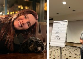 Claire Griffiths, director of Better Bodies with dog Frankie (left) and delivering a corporate training course (right).