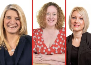 Three women smiling in professional headshots.