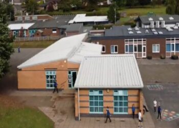 Aerial view of a school campus with playground.