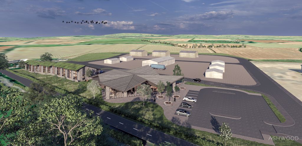 Aerial view of rural business park development.