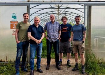 Five men standing in a greenhouse.