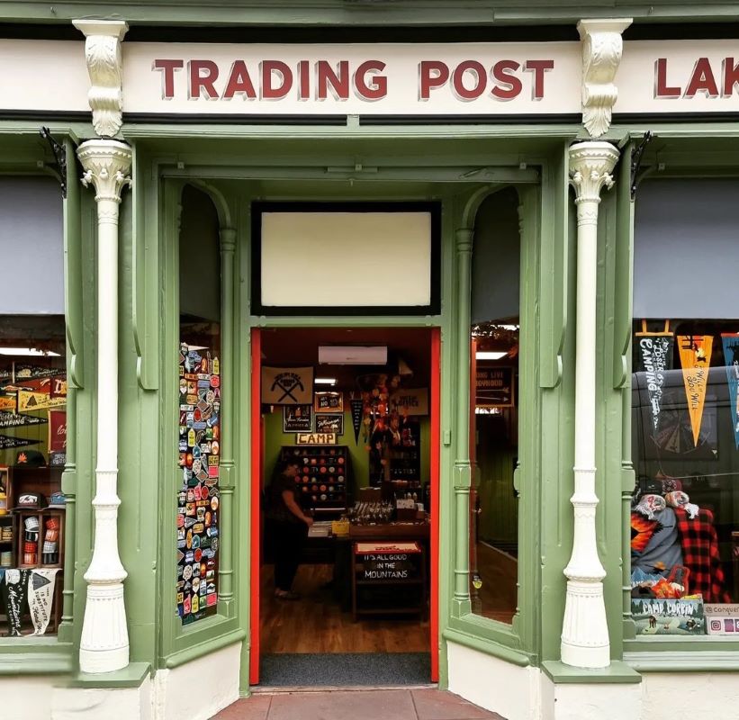 Trading Post store entrance with camping gear displays