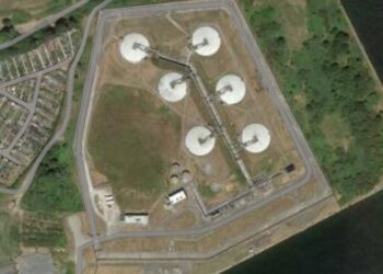 Aerial view of a water treatment plant facility.