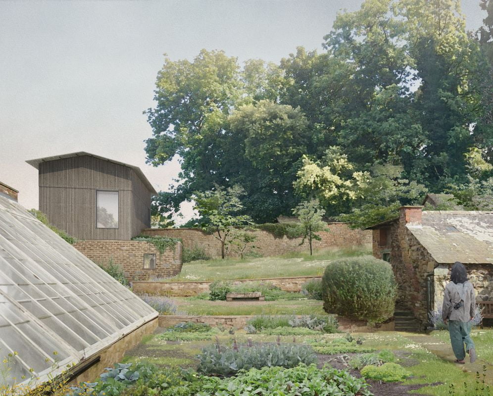 Garden with greenhouse, house and person walking.