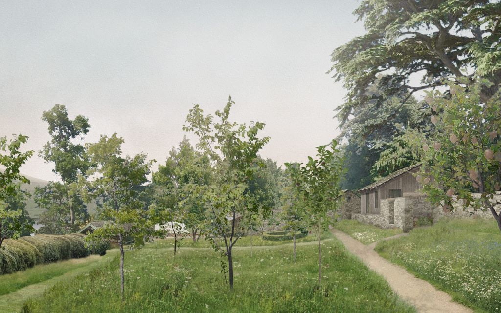 Countryside garden with pathway and trees.
