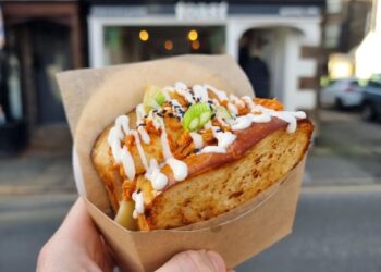 Hand holding sandwich with sauce and onions