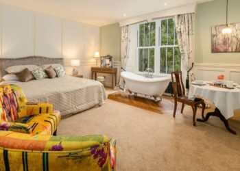 Cosy bedroom with a free-standing bathtub.