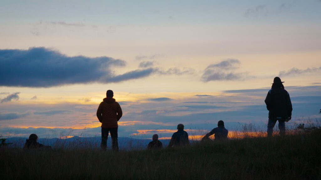 Silhouetted people watching sunset over grassy hill.