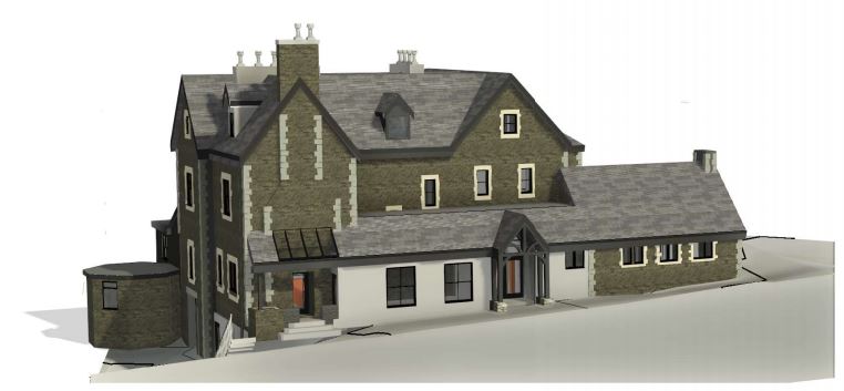 Historic stone building with steep slate roof.