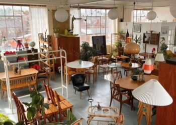 Vintage furniture showroom with mid-century decor items.