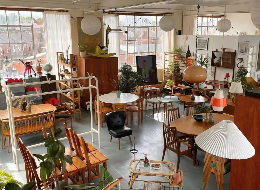 Vintage furniture showroom with mid-century decor items.