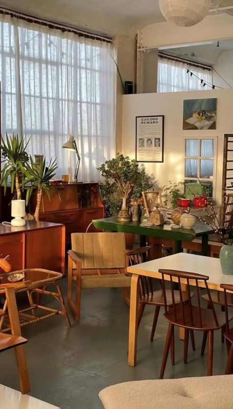 Vintage-style living room with plants and furniture.
