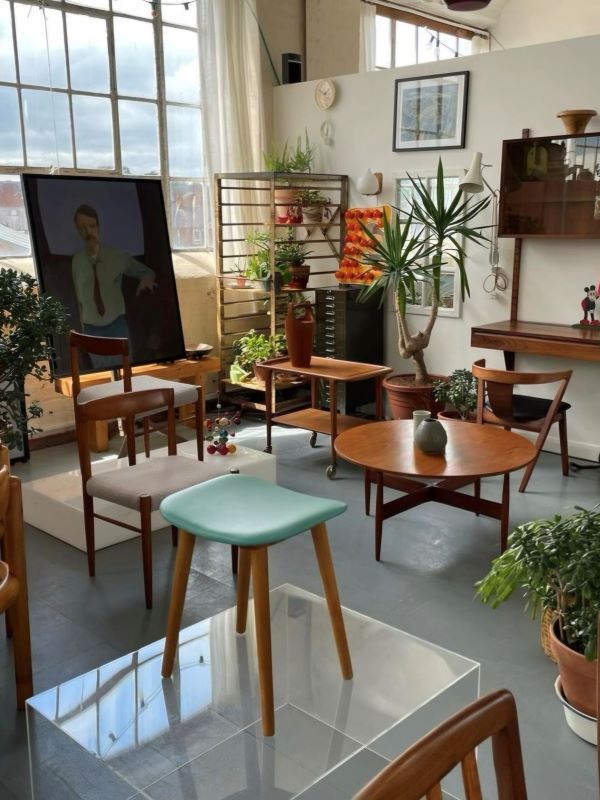 Vintage furniture and plants in sunlit room.
