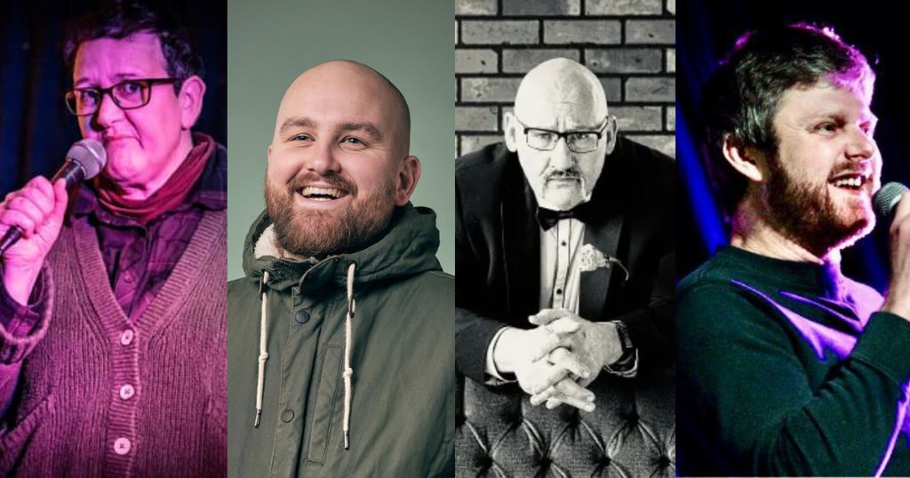 Four comedians performing on stage with microphones.