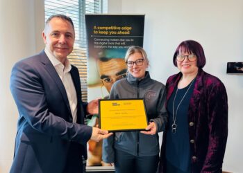 Brian Holliday, co-chair of the Made Smarter Commission, Gina Goulding and Lily Newman, who delivers the Made Smarter Leading Digital Transformation programme