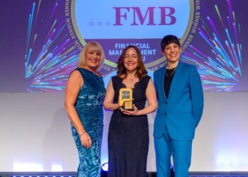 acqueline Wilkins of award sponsor Just Group Plc, Ruth Power, director of FMB, and awards host Suzi Ruffell.