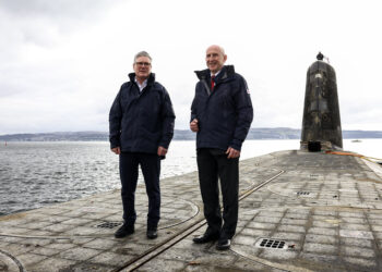 Prime Minister Keir Starmer and Defence Secretary John Healey visits a Vanguard class submarine off the coast of Scotland as it returns home from a period of duty at sea. Picture: Simon Dawson/No 10 Downing Street