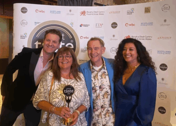 Left to right: John Farrand MD The Guild of Fine Food, Maria Whitehead MBE co-founder of Hawkshead Relish, Nigel Barden Great Taste Awards chairman of judges, and Mallika Basu committee lead for diversity at the Guild