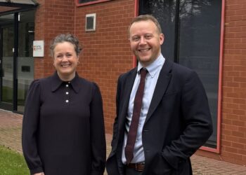 Directors Mark Jackson and Deborah Flynn pictured outside Cartmell Shepherd’s Rosehill office.