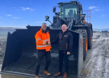 Chris Platt accepts delivery of the £200,000 wheel loader from specialist plant supplier Gordon’s Limited’s Sales Manager Darren Nicholson