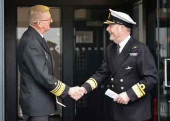 Vice Admiral Johnny Wolfe, US Director of Strategic Programs and Rear Admiral Robbie Lauchlan Pic: LPhot Bill Spurr RN